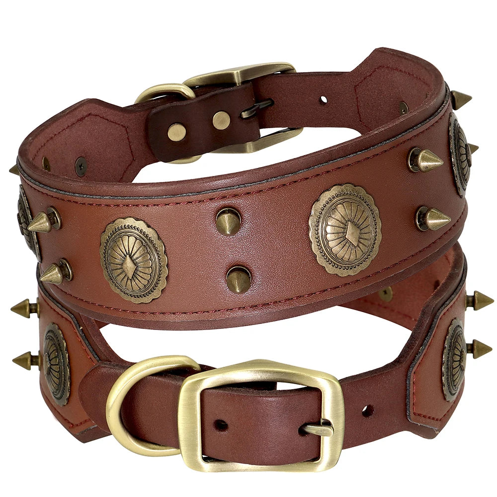 Genuine Leather Spiked Dog Collar — Studded Adjustable Collar for Large Dogs & Pitbulls