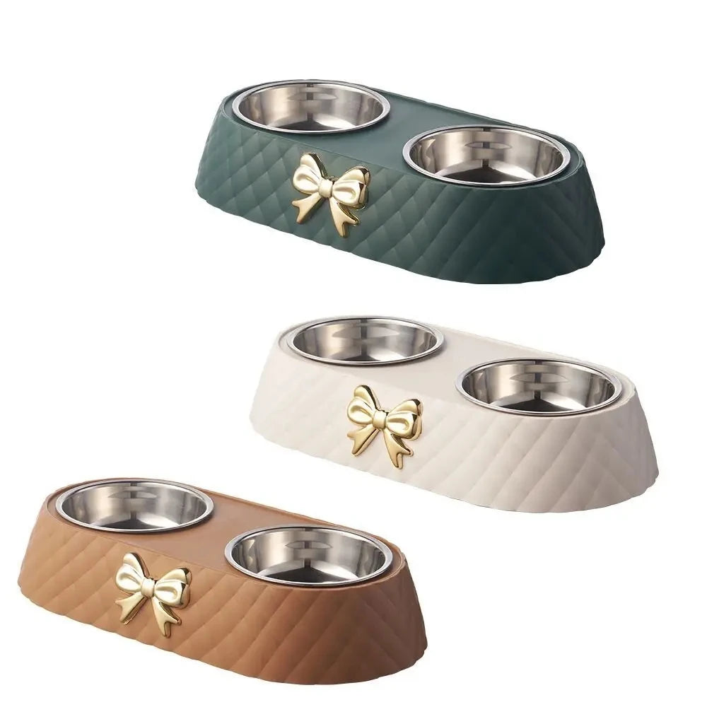 Bow-Tie Double Pet Bowl — Stainless Steel Food & Water Feeding Set for Cats & Dogs