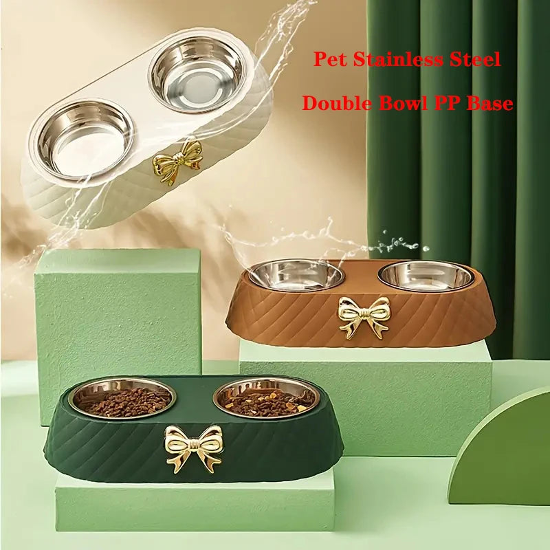 Bow-Tie Double Pet Bowl — Stainless Steel Food & Water Feeding Set for Cats & Dogs
