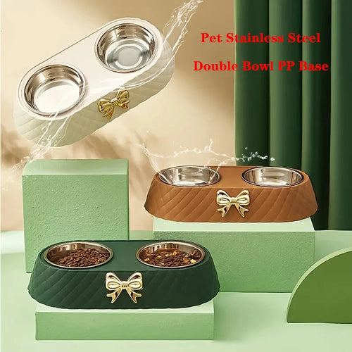 Bow-Tie Double Pet Bowl — Stainless Steel Food & Water Feeding Set for Cats & Dogs