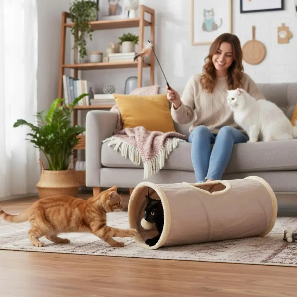 Foldable Suede Cat Tunnel – Soft Portable Hideaway & Exercise Toy for Cats & Dogs