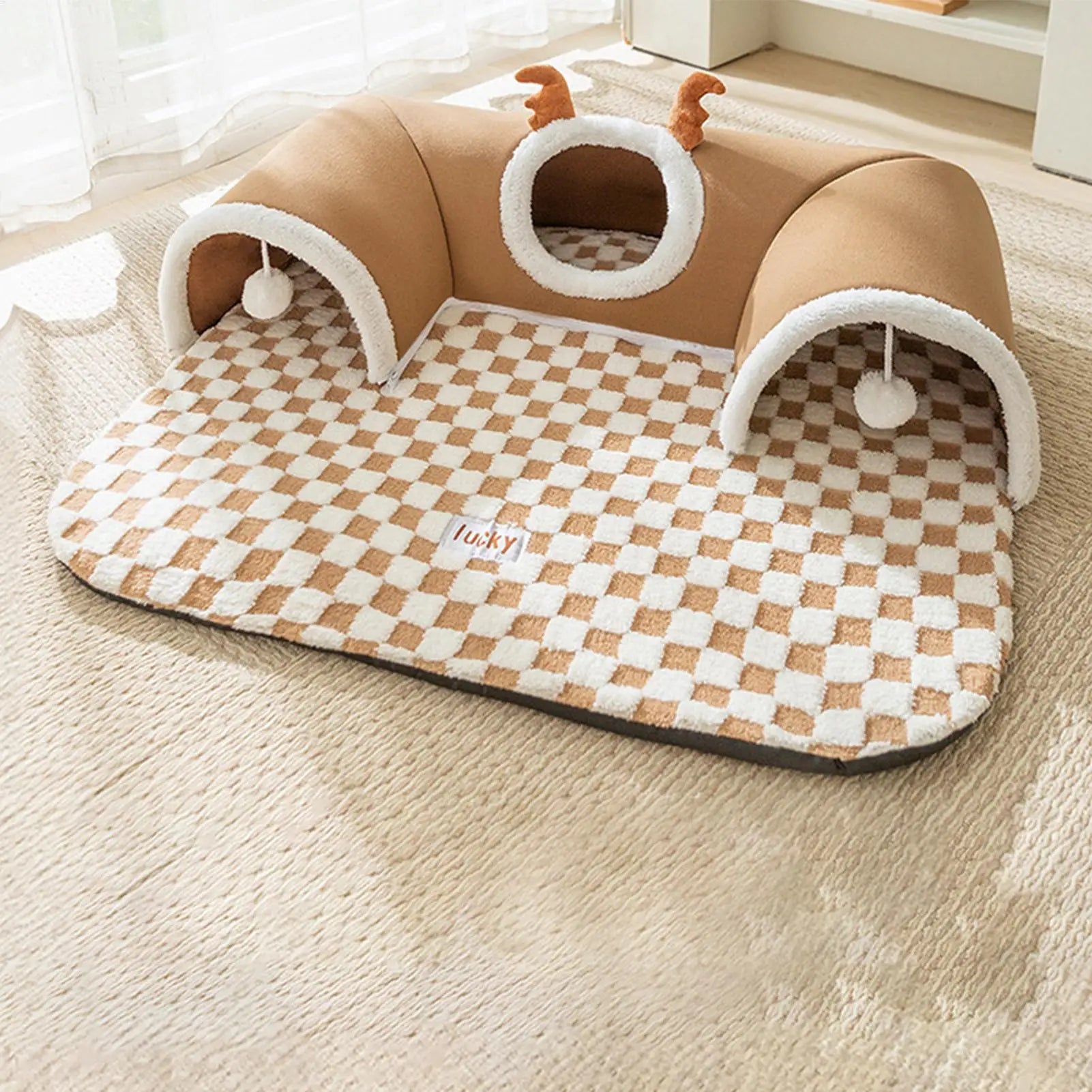 Foldable Cat Bed & Play Tunnel – Indoor Hideaway Tent with Plush Mat for Kittens