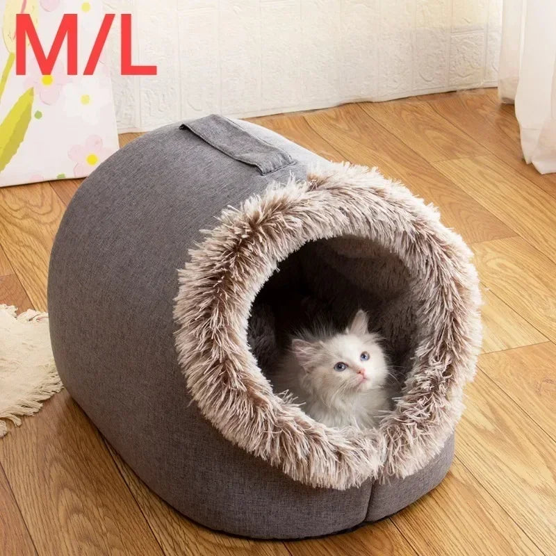 Enclosed Plush Pet Cave Kennel – Warm Winter Sleeping Nest for Cats & Small Dogs