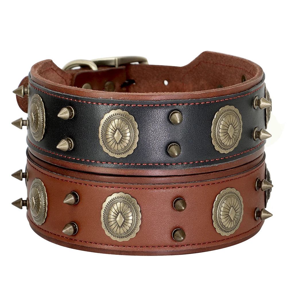 Genuine Leather Spiked Dog Collar — Studded Adjustable Collar for Large Dogs & Pitbulls