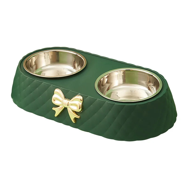 Bow-Tie Double Pet Bowl — Stainless Steel Food & Water Feeding Set for Cats & Dogs