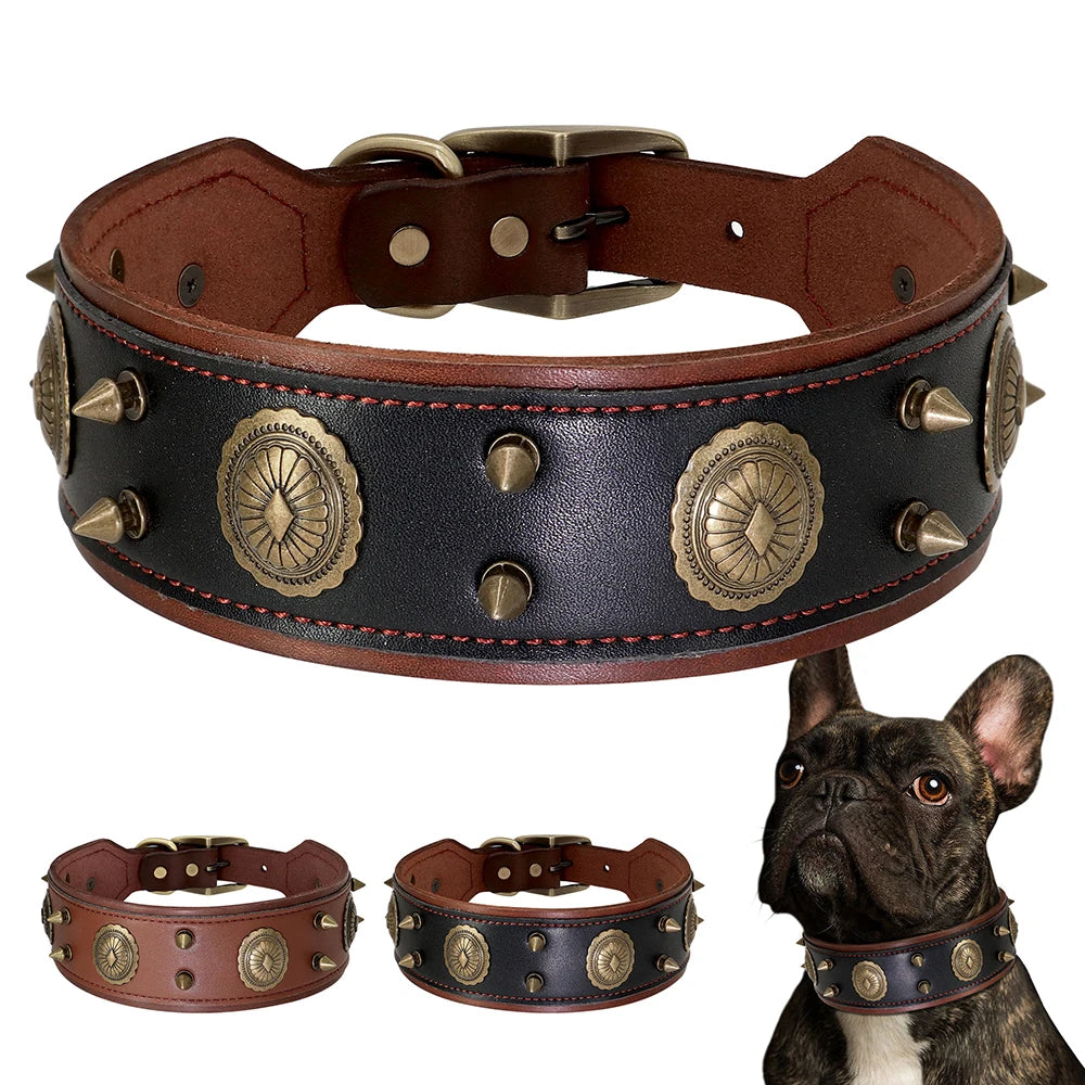 Genuine Leather Spiked Dog Collar — Studded Adjustable Collar for Large Dogs & Pitbulls