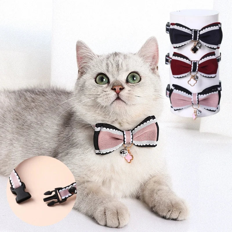 Double Bowknot Cat Collar with Bell — Adjustable Pendant Necklace for Kittens & Puppies