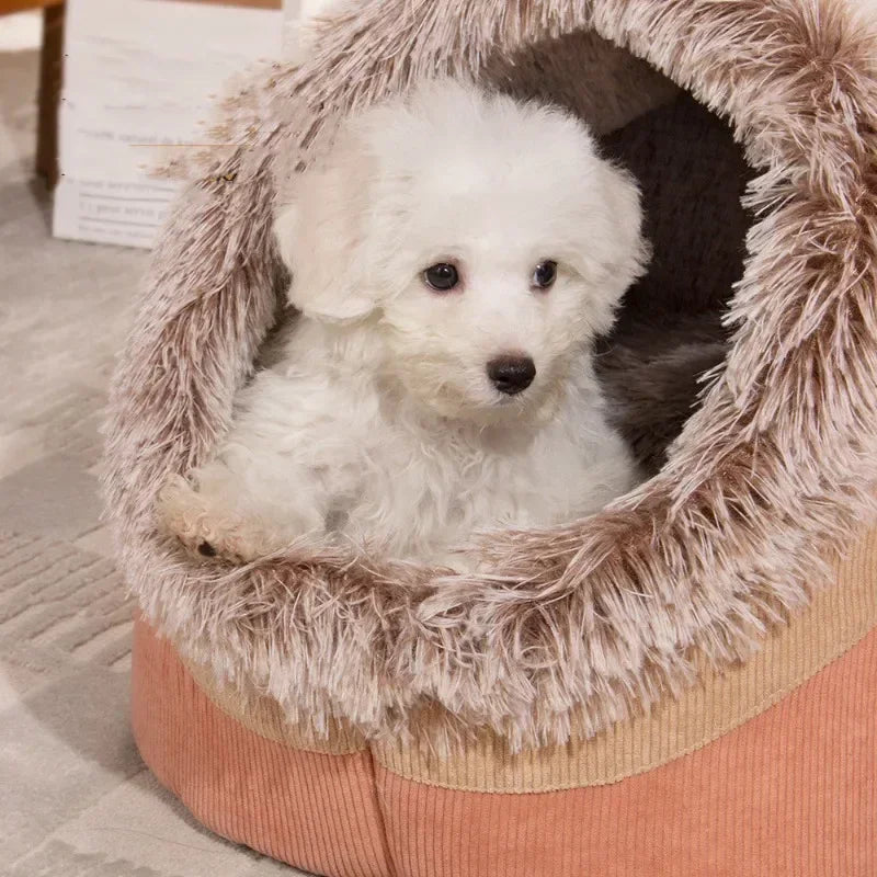 Enclosed Plush Pet Cave Kennel – Warm Winter Sleeping Nest for Cats & Small Dogs
