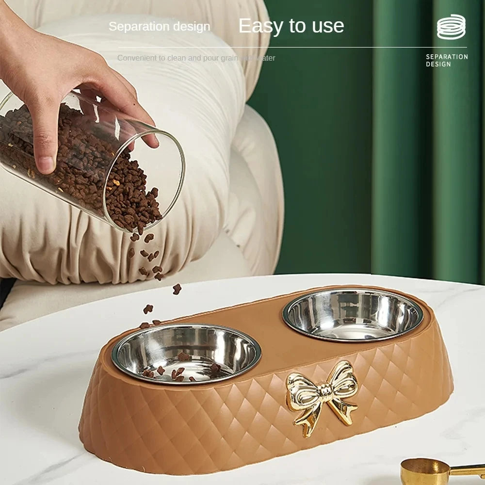 Bow-Tie Double Pet Bowl — Stainless Steel Food & Water Feeding Set for Cats & Dogs
