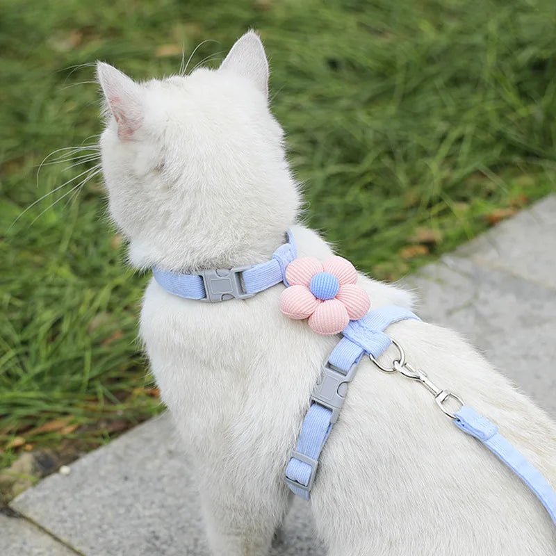 Cute Flower Cat & Puppy Harness with Leash — Breathable Adjustable Pet Traction Set