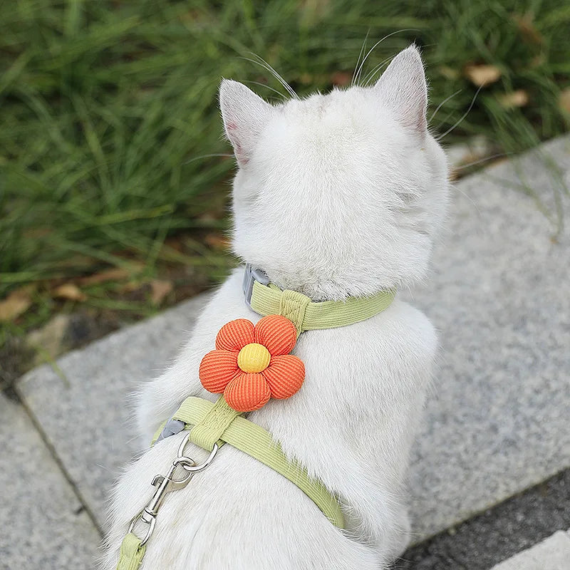 Cute Flower Cat & Puppy Harness with Leash — Breathable Adjustable Pet Traction Set