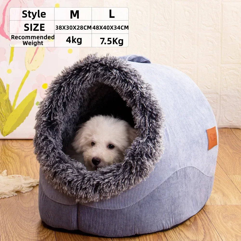 Enclosed Plush Pet Cave Kennel – Warm Winter Sleeping Nest for Cats & Small Dogs