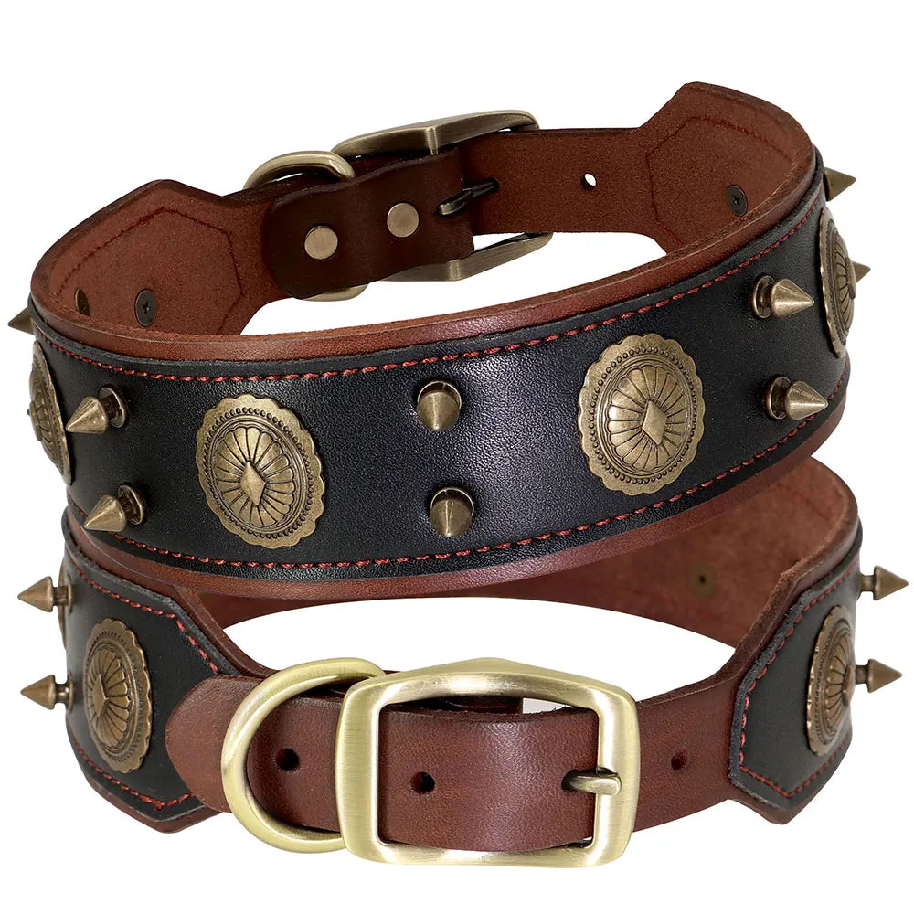 Genuine Leather Spiked Dog Collar — Studded Adjustable Collar for Large Dogs & Pitbulls