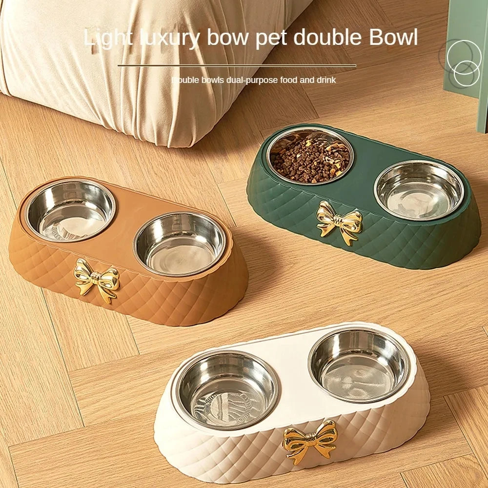 Bow-Tie Double Pet Bowl — Stainless Steel Food & Water Feeding Set for Cats & Dogs