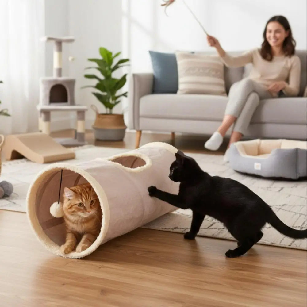 Foldable Suede Cat Tunnel – Soft Portable Hideaway & Exercise Toy for Cats & Dogs