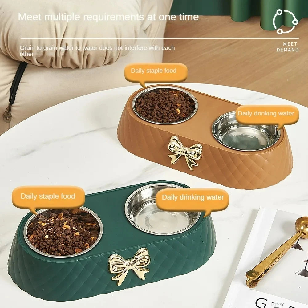 Bow-Tie Double Pet Bowl — Stainless Steel Food & Water Feeding Set for Cats & Dogs