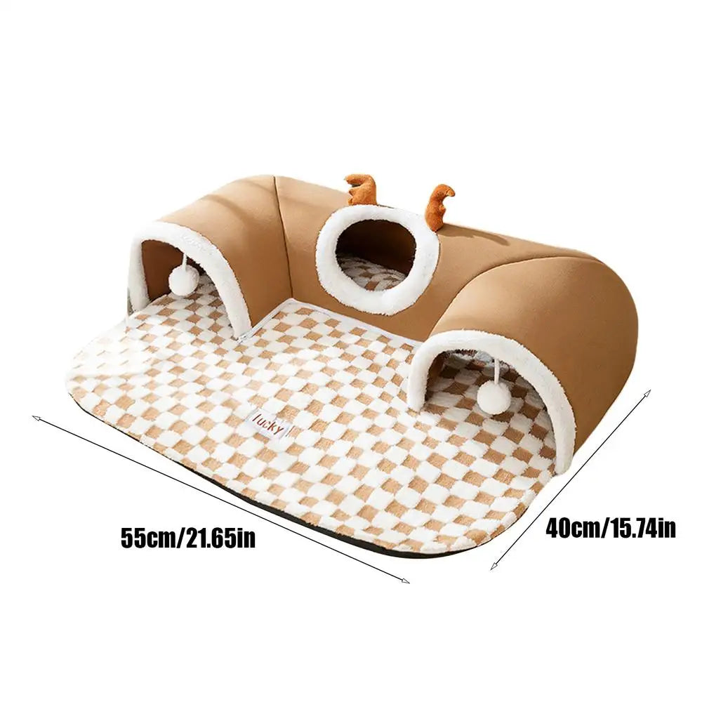 Foldable Cat Bed & Play Tunnel – Indoor Hideaway Tent with Plush Mat for Kittens