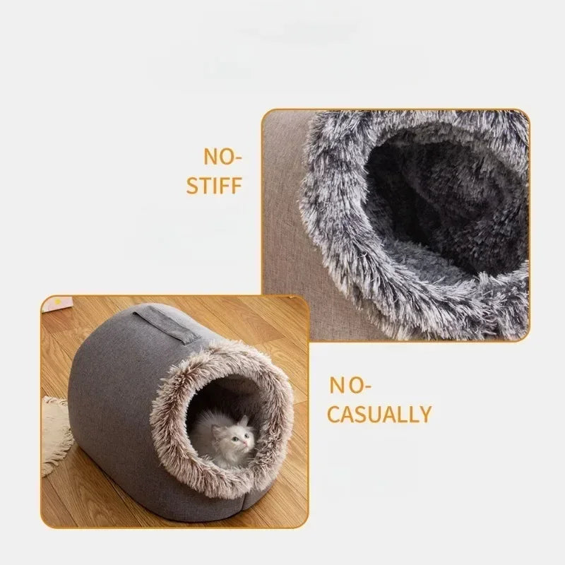 Enclosed Plush Pet Cave Kennel – Warm Winter Sleeping Nest for Cats & Small Dogs