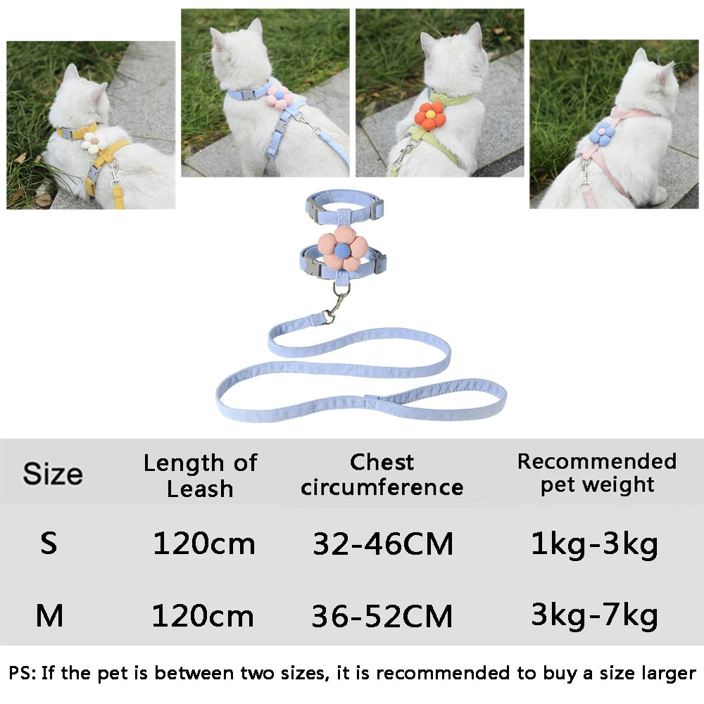 Cute Flower Cat & Puppy Harness with Leash — Breathable Adjustable Pet Traction Set