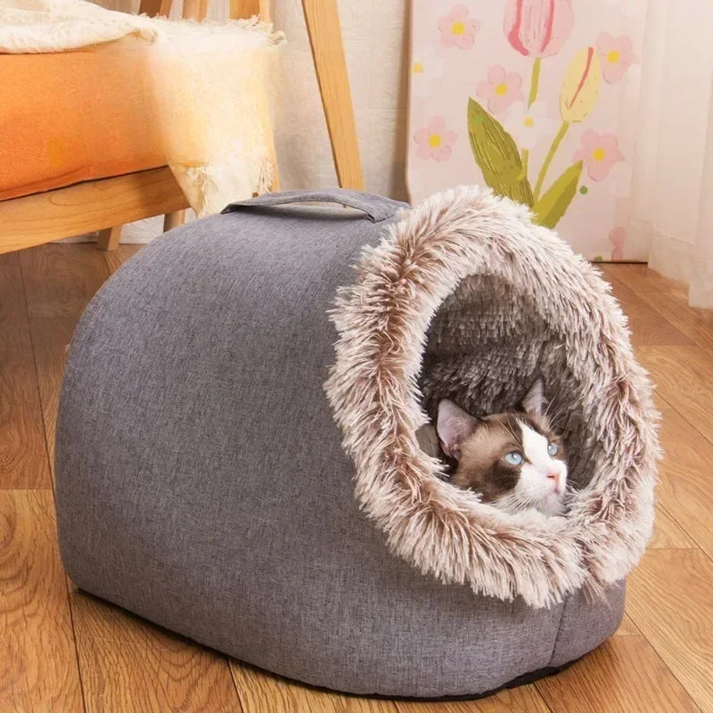 Enclosed Plush Pet Cave Kennel – Warm Winter Sleeping Nest for Cats & Small Dogs